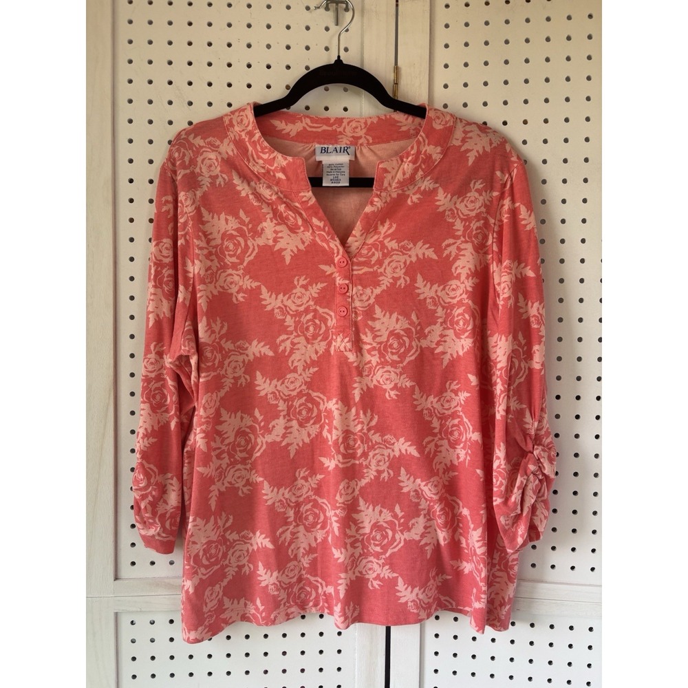 Blair Women's LG Coral Floral‎ 3/4 Tee Shirt Cotton / Polyester V Neck